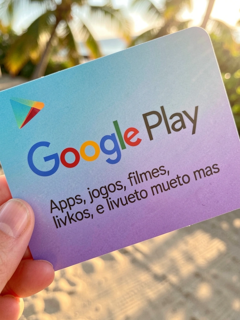 Cartão Google Play com gradiente azul e roxo, logotipo e botão play em destaque, luz natural de dia sobre superfície texturizada.