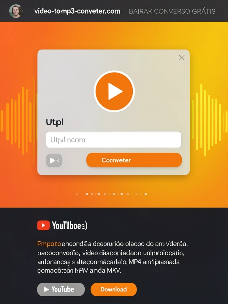 Interface de conversor de vídeo para MP3 com botão play, campo de URL e fundo gradiente laranja e amarelo, links escuros para YouTube e Download.