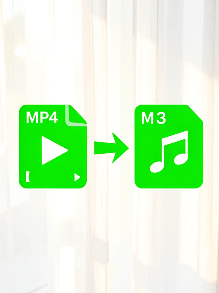 Ícones verde-vibrante de MP4 e MP3 se transformando com seta animada, luz natural filtrada por cortina branca.