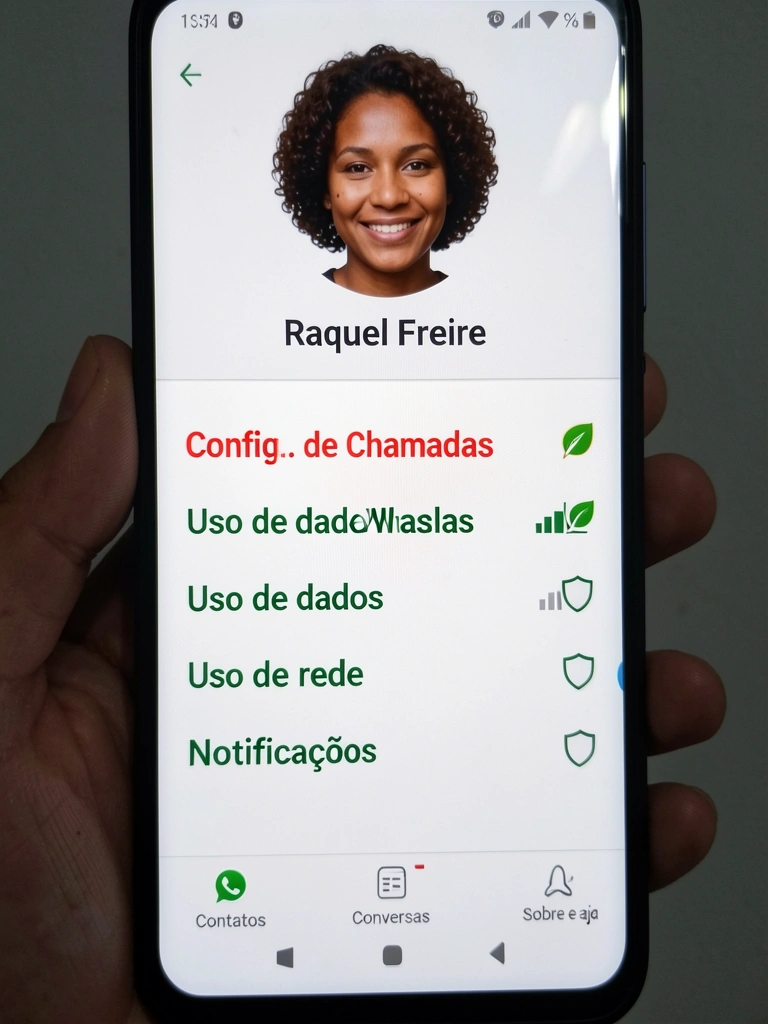 Smartphone exibindo ícones de economia de dados e segurança na tela.