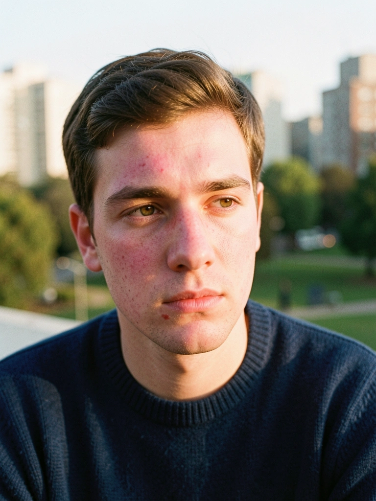 Jovem de suéter azul escuro com expressão contemplativa, desfoque de fundo com prédios e parque, luz natural e suave.