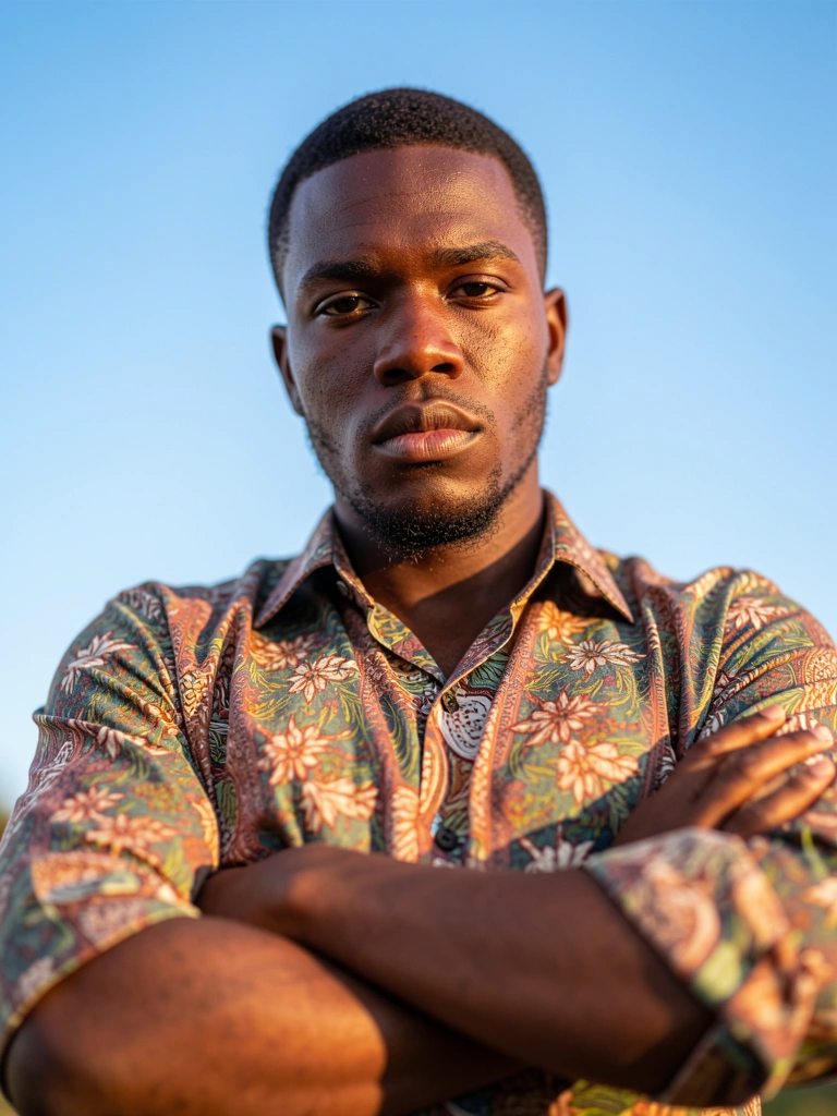Homem negro jovem com expressão séria, camisa estampada floral, braços cruzados, céu azul e bokeh ao fundo, luz natural suave.