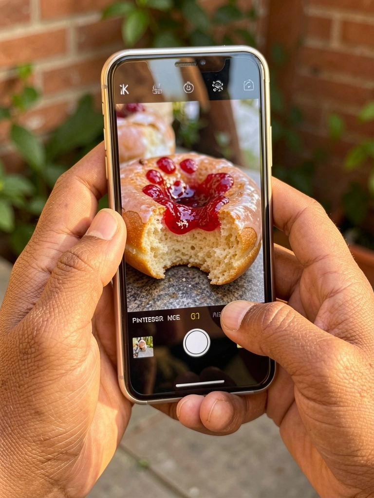 Mãos segurando smartphone com foto de donut de geleia, parcialmente mordido, sob luz natural do dia, fundo desfocado com parede de tijolos e vegetação.