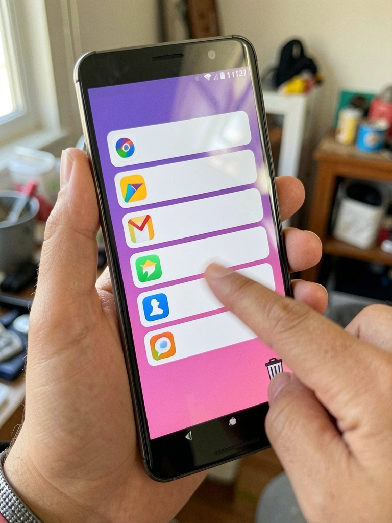 Smartphone Android com ícone de aplicativo sendo arrastado para a lixeira