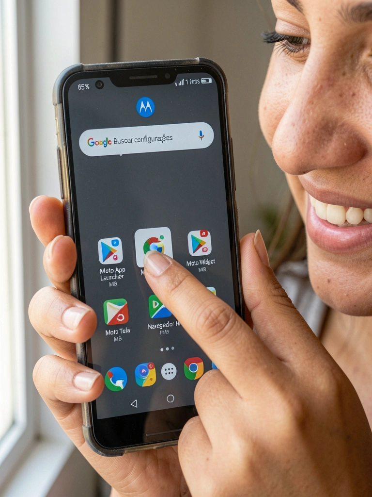 Toque longo em ícone de aplicativo na tela inicial do Android, com menu de opções aparecendo na parte inferior da tela.