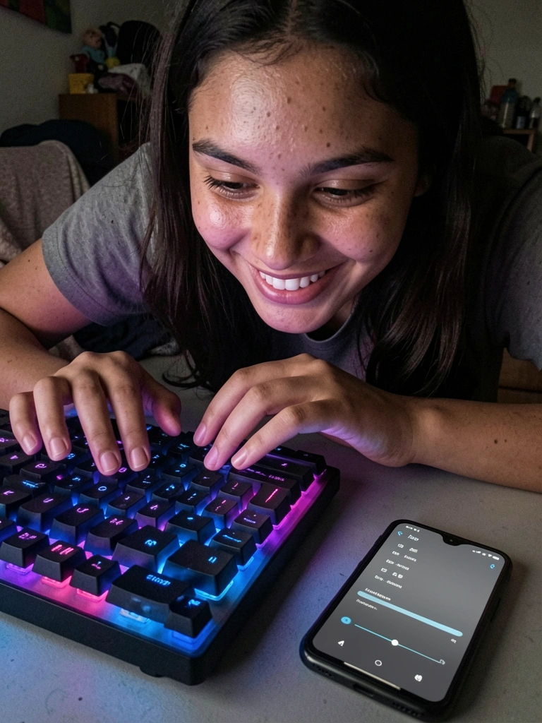 Mãos ajustando teclado mecânico com iluminação RGB colorida em ambiente escuro