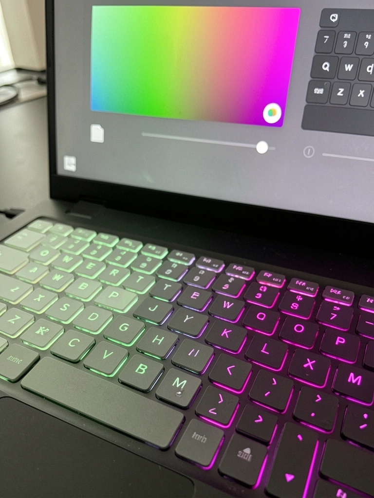 Teclas coloridas de um teclado retroiluminado em close, com tons vibrantes de azul, rosa e verde.