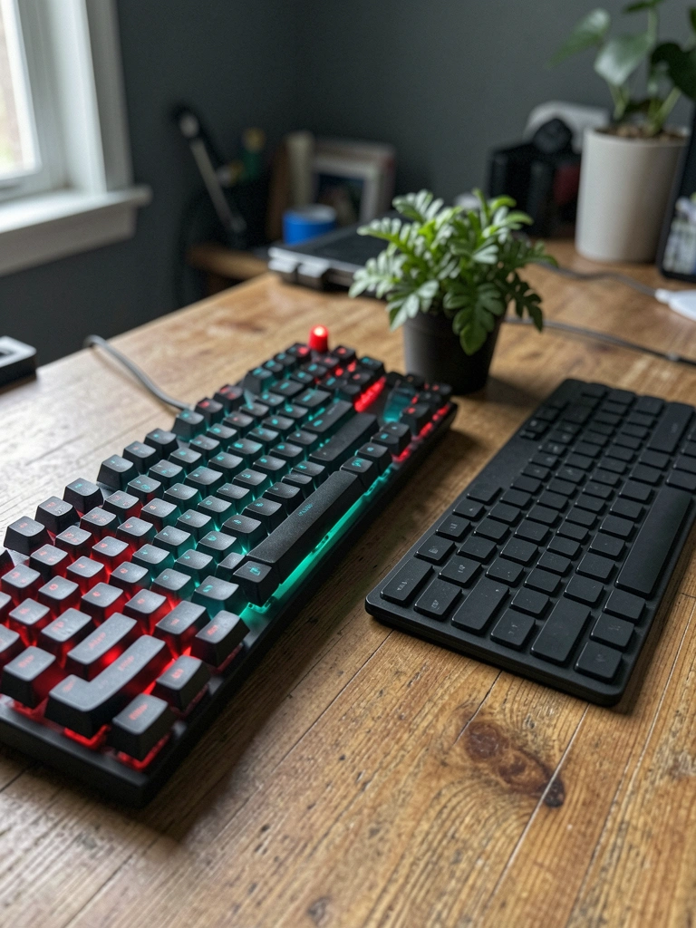 Teclado mecânico com teclas coloridas ao lado de um teclado de membrana simples