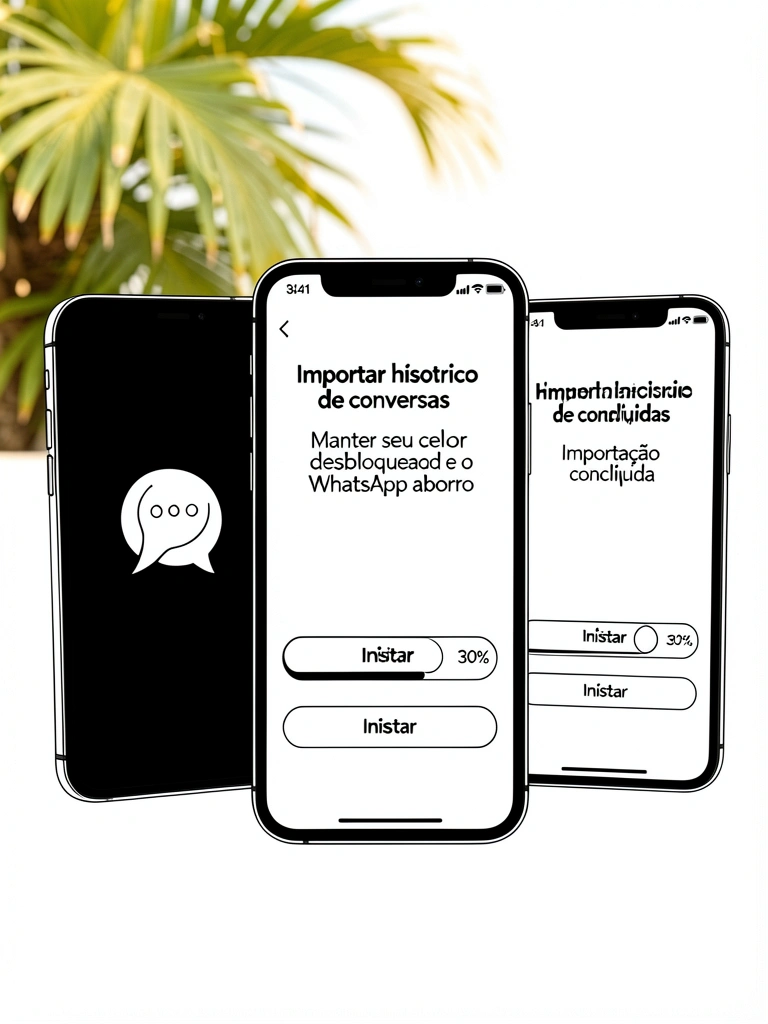 Três smartphones pretos com tela mostrando tutorial de importação de conversas, botão