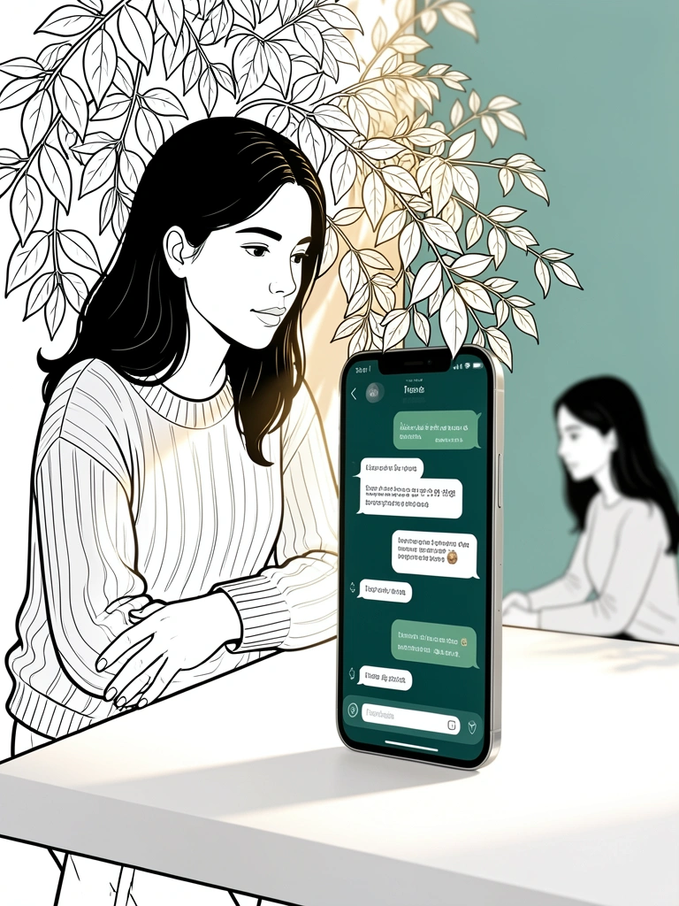 Smartphone com tela de chat em fundo teal escuro, mulher de suéter encostada na parede, folhagem sobre o aparelho e luz difusa.