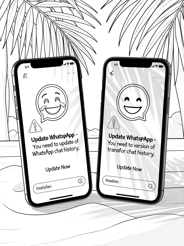 Dois smartphones sobre mesa de madeira clara com telas refletindo o aplicativo WhatsApp, luz solar filtrada por folhas de palmeira e textura de areia sutil ao fundo.
