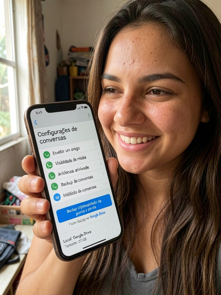 Mão segurando smartphone com tela do WhatsApp exibindo conversa.