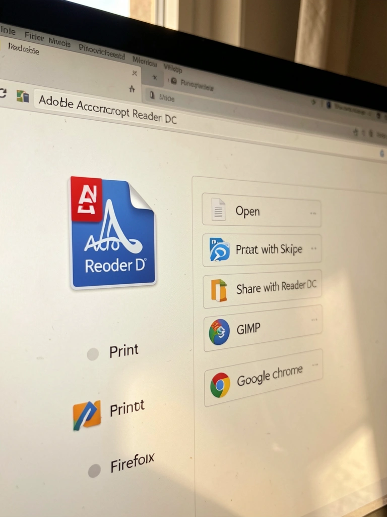 Tela branca de computador com ícone do Adobe Acrobat Reader DC e opções de aplicativos, iluminada por luz natural quente que projeta sombras sutis.