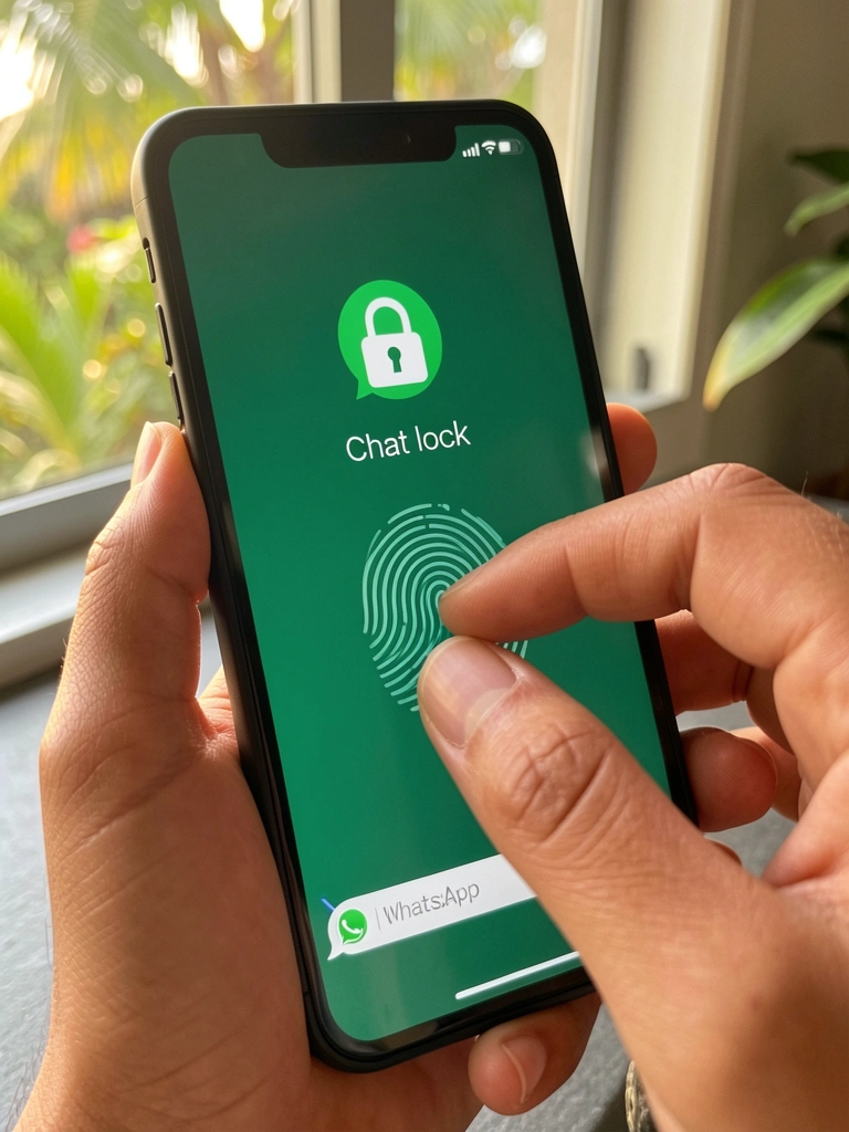 Luz natural suave incide sobre mão desbloqueando iPhone com sensor de impressão digital, tela exibe cadeado e