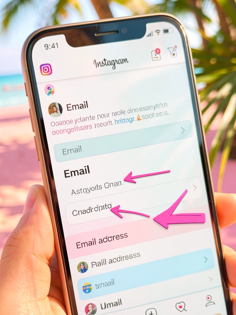 Smartphone com tela do Instagram em configurações de e-mail, luz natural quente, fundo com folhagem tropical.