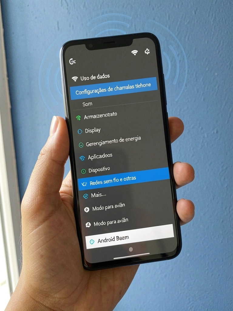 Smartphone com ícone NFC e ondas de aproximação sobre fundo azul.