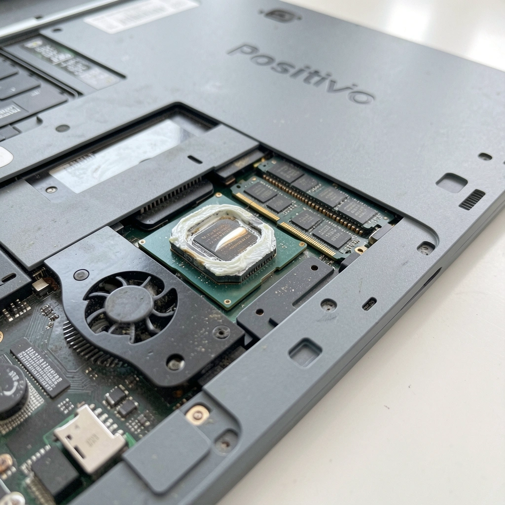 Close-up dos componentes internos de um notebook, mostrando o processador e módulos de RAM sobre a placa-mãe.
