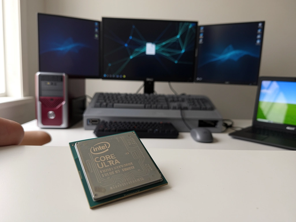 Chip de processador Intel Core Ultra em close, destacando sua superfície metálica e detalhes do circuito.