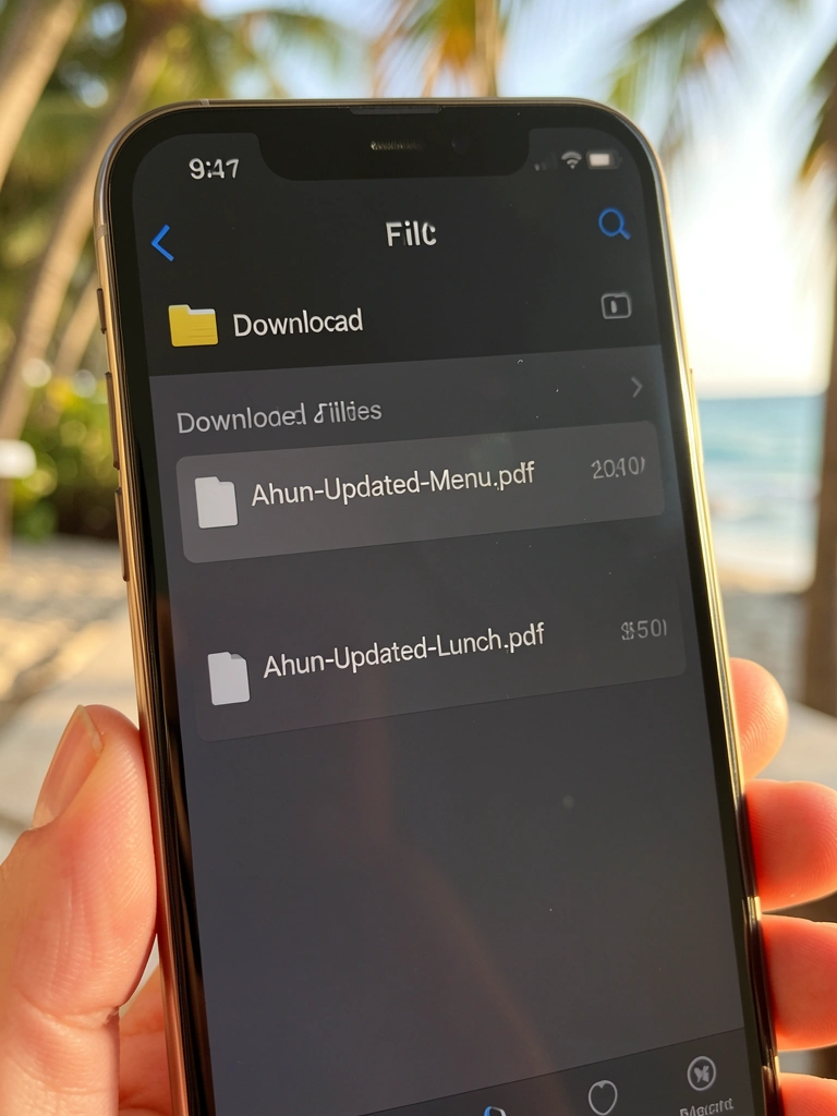 Smartphone com tela escura exibindo arquivos PDF baixados, luz natural suave e fundo com folhagens ao ar livre.