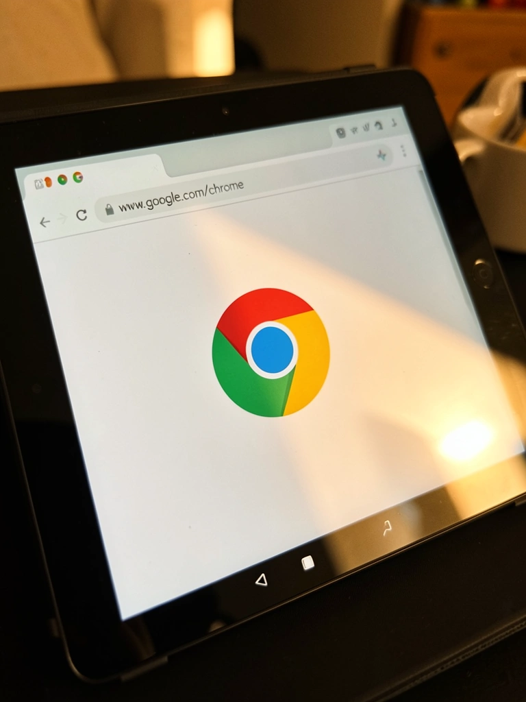 Tablet preto com tela do Chrome, logotipo e URL visíveis, refletindo luz difusa sobre superfície escura, fundo interno desfocado.