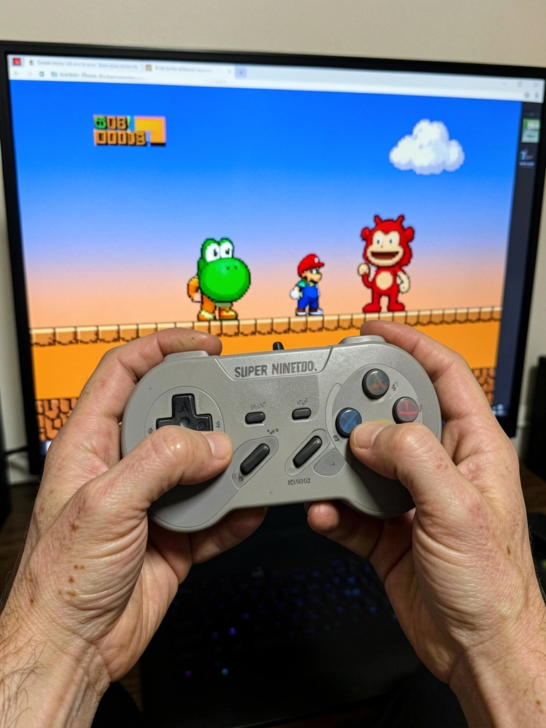 Tela de computador exibindo jogo de Super Nintendo em emulador, com gráficos pixelados e interface do software visível.