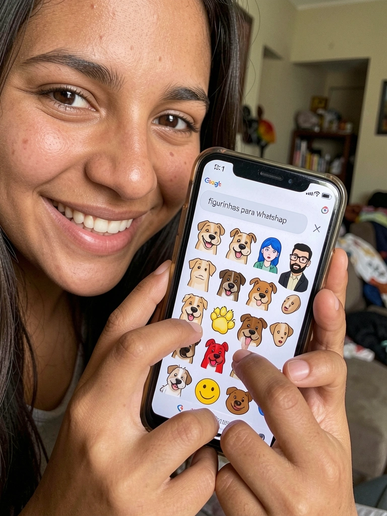 Pessoa digitando figurinhas para whatsapp no Google em um smartphone