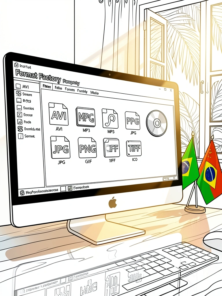 Tela de computador com software Format Factory exibindo formatos de arquivo, bandeiras do Brasil e China ao fundo, luz natural entrando pela janela.