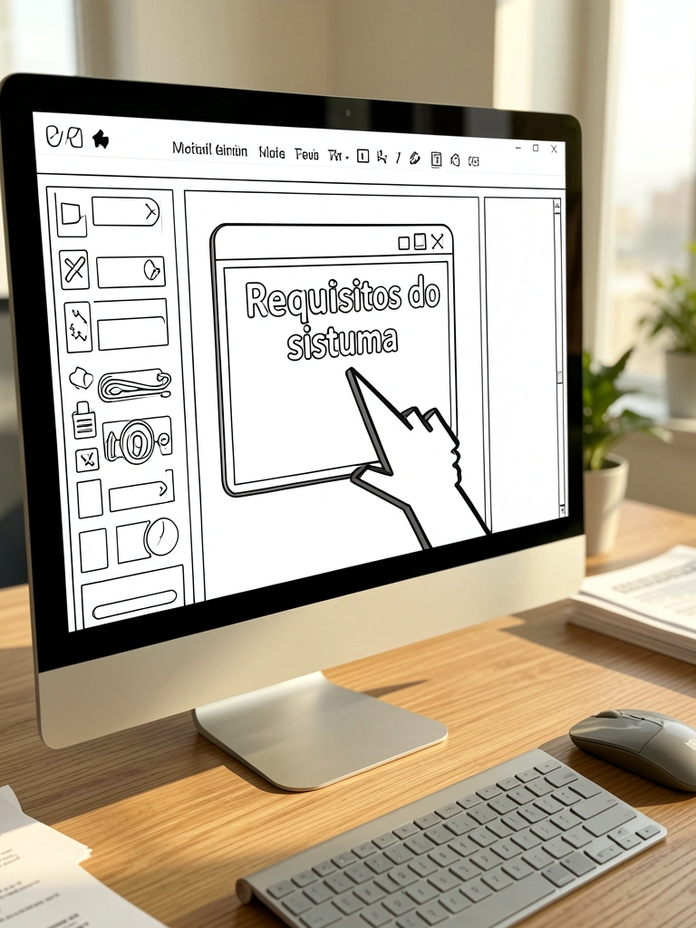 Tela de computador com interface de software, cursor do mouse sobre janela 