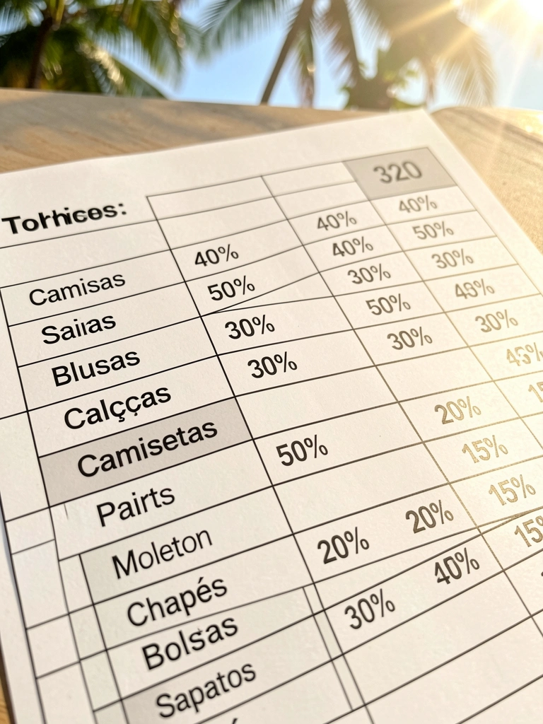 Planilha com dados de vendas de roupas, células em azul e branco destacam percentuais como 40% e 50%, luz natural incide sobre o papel.