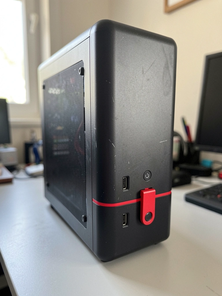 Gabinete de computador preto fosco sobre mesa de home office