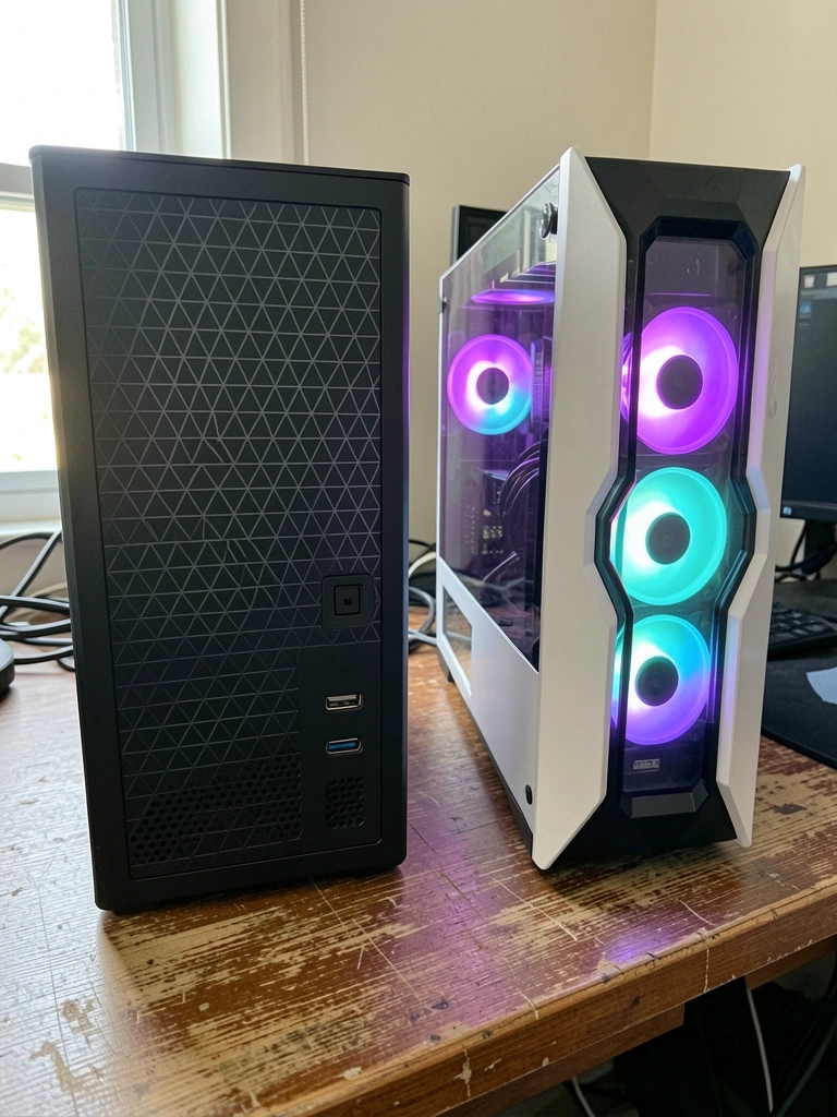 Gabinete gamer colorido com iluminação RGB ao lado de um gabinete office sóbrio em escritório.