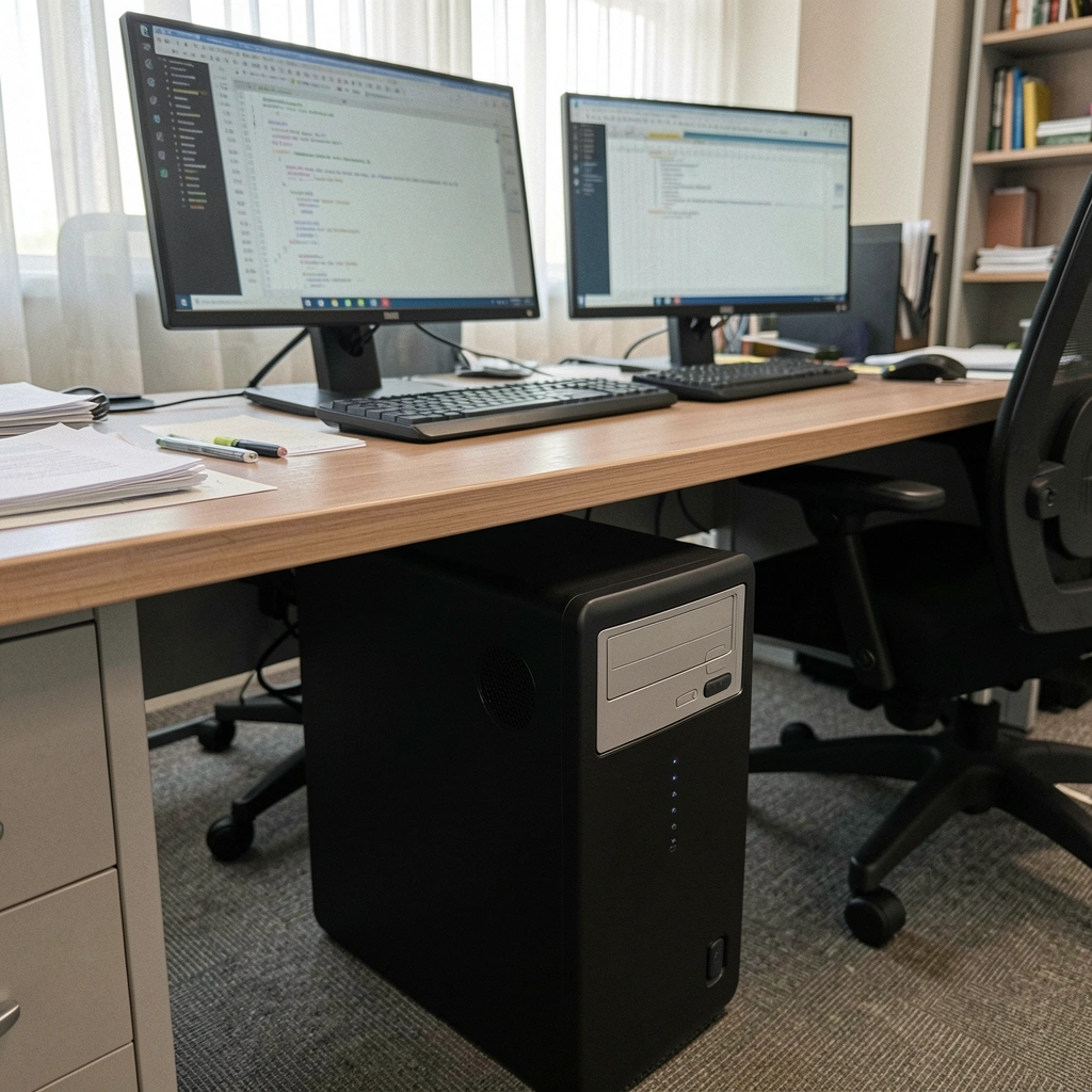 Mesa de escritório com gabinete under desk e dois monitores em ambiente corporativo