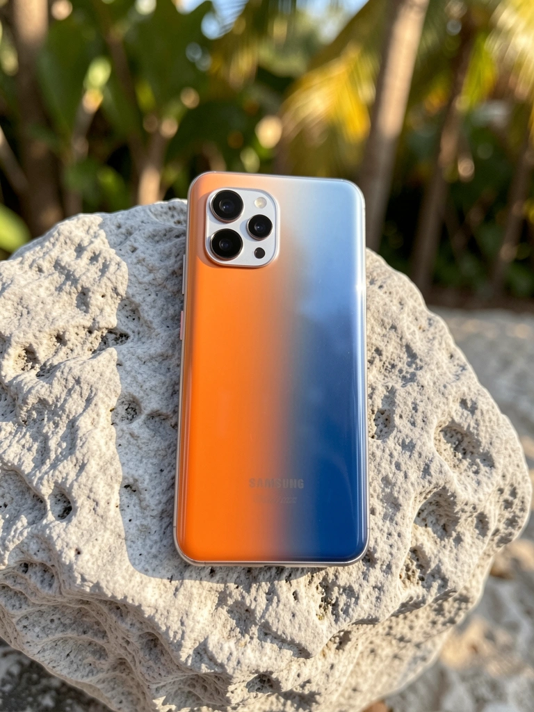 Pedra cinza-clara texturizada com celular prateado de gradiente laranja e azul, módulo de câmera tripla e folhagem desfocada ao fundo sob luz natural.