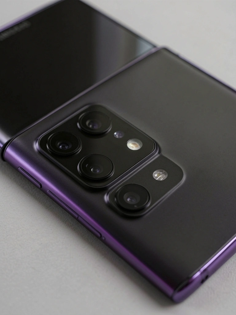 Smartphone Samsung Galaxy Note 20 Ultra preto com gradiente roxo nas bordas, tela escura refletindo luz suave, câmera tripla e flash visíveis.