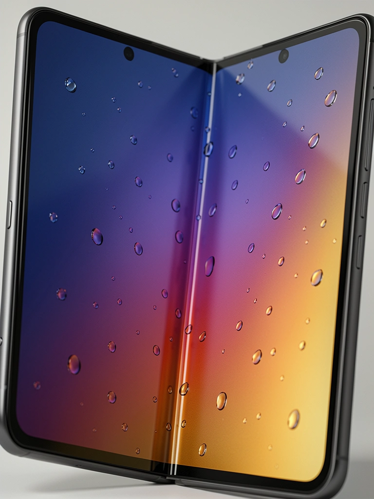 Gradiente azul, roxo e laranja na tela do Galaxy Z Fold 5 aberto, com gotas d