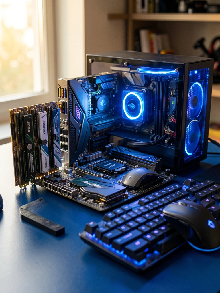 Placa-mãe com RAM e CPU iluminados em azul, teclado com mouse e placa de vídeo sobre mesa azul escura, luz natural com sombras suaves.