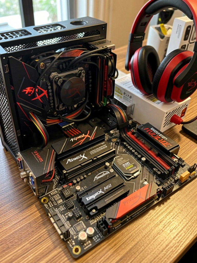 Placa-mãe ASRock AM4 A320 com Ryzen 3 3200G, RAM HyperX Fury, SSD Kingston 120GB e placa de vídeo GTX 1050 Ti, iluminação quente natural.