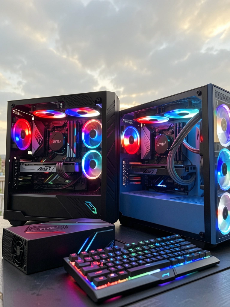 Gabinete preto com GPU Intel 10th Gen RTX e um azul com RGB vermelho, azul e branco, fonte preta e teclado com LED, sob céu nublado com luz natural.