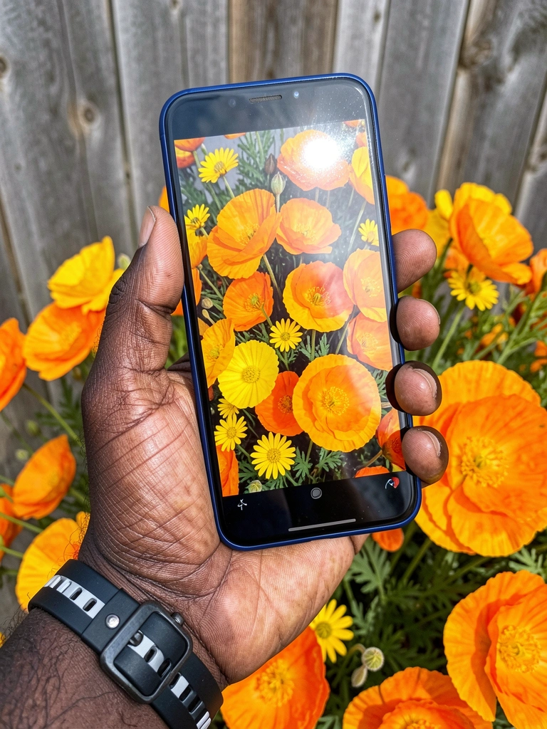 Mão segurando um smartphone Pixel com flash ativado, fundo desfocado