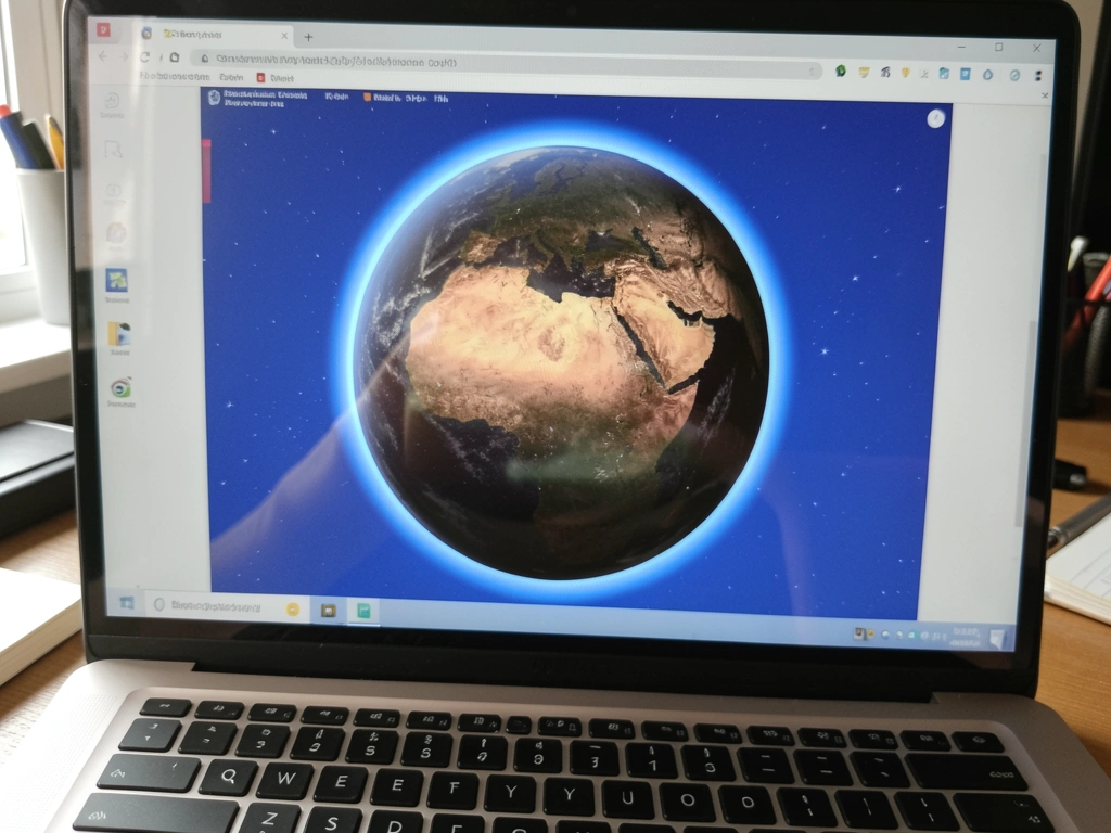 Planeta Terra em 3D exibido na interface do Google Earth no navegador, com continentes visíveis e fundo escuro.