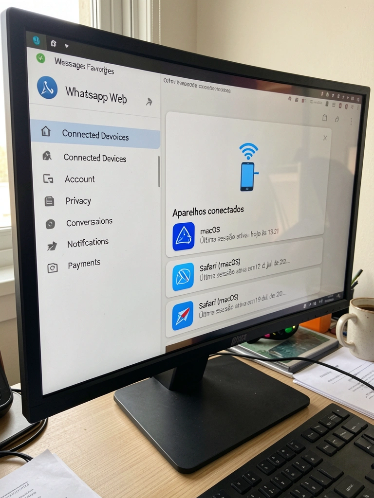 Monitor com WhatsApp Web aberto, menu de dispositivos selecionado
