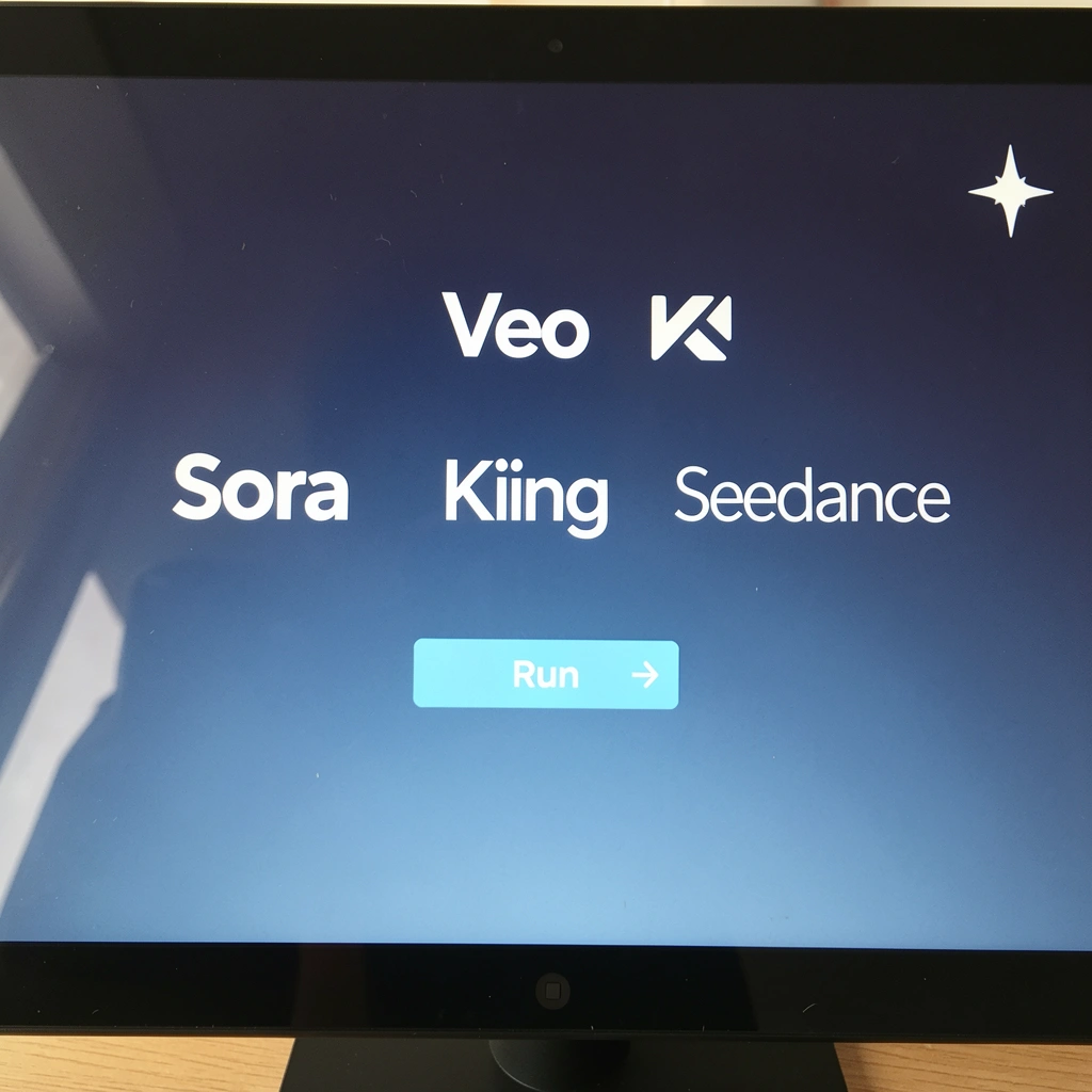 Logotipos dos modelos Sora, Veo, Kling e Seedance alinhados horizontalmente.