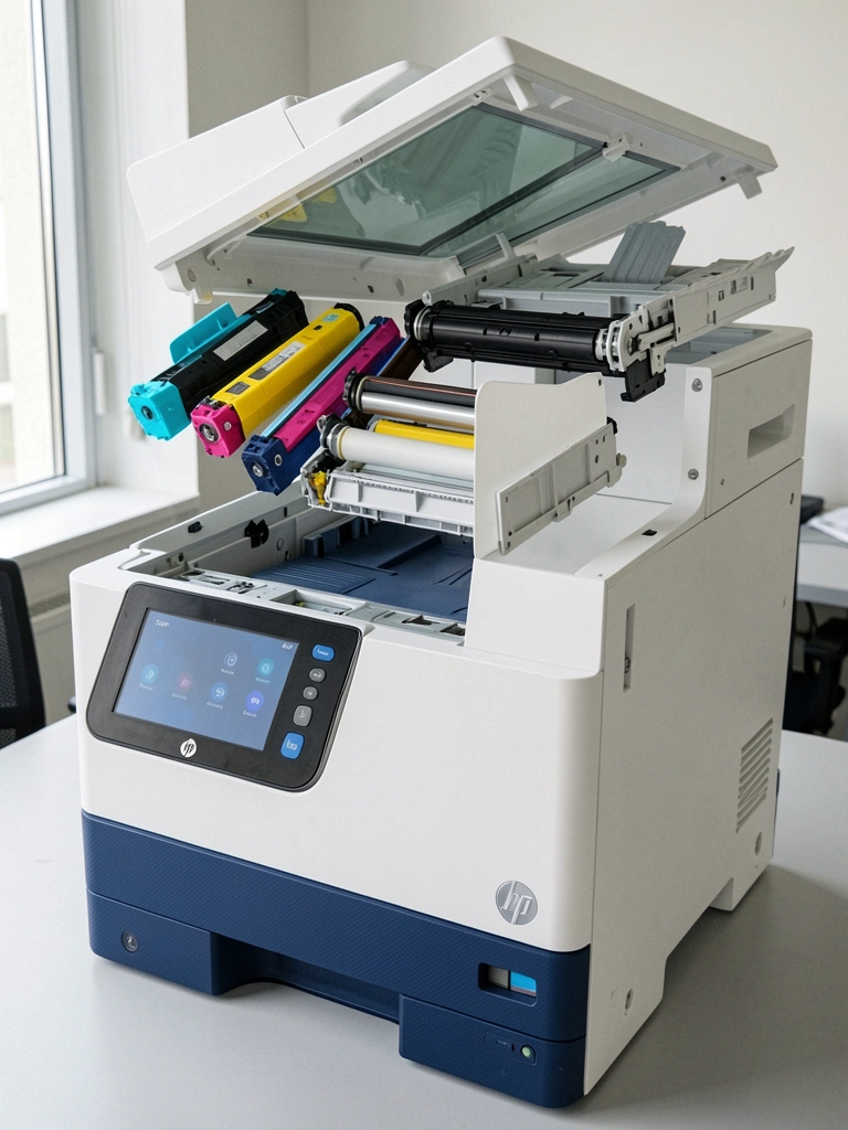 Vista explodida de impressora a laser colorida com componentes internos separados