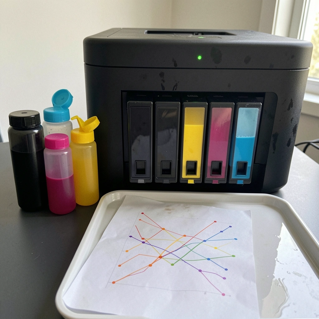 Impressora tanque com garrafas de tinta coloridas ao lado