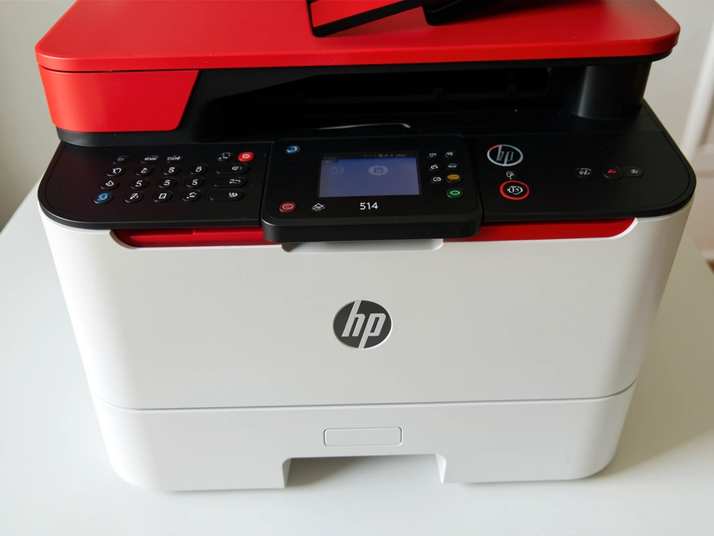 Impressora HP Smart Tank 514 branca e preta com painel superior vermelho, tampa do scanner e bandeja de papel, luz natural suave destacando texturas.