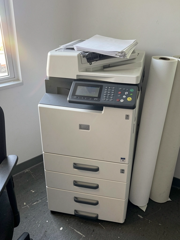 Pilha de folhas A3 e rolo de papel plotter sobre mesa de escritório