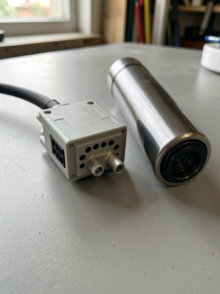 Cabeçote de impressão jato de tinta ao lado de um cilindro de laser, sobre superfície metálica.