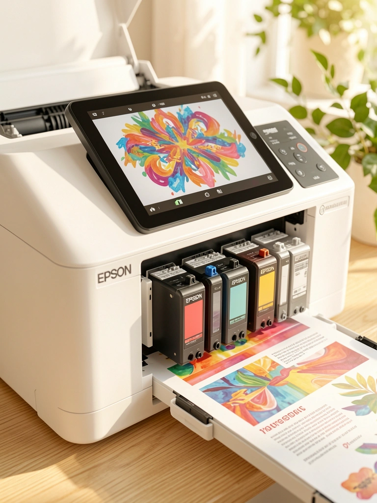 Impressora Epson branca com tela LCD colorida, tanques de tinta e luz natural sobre mesa de madeira clara, fundo com folhagens.