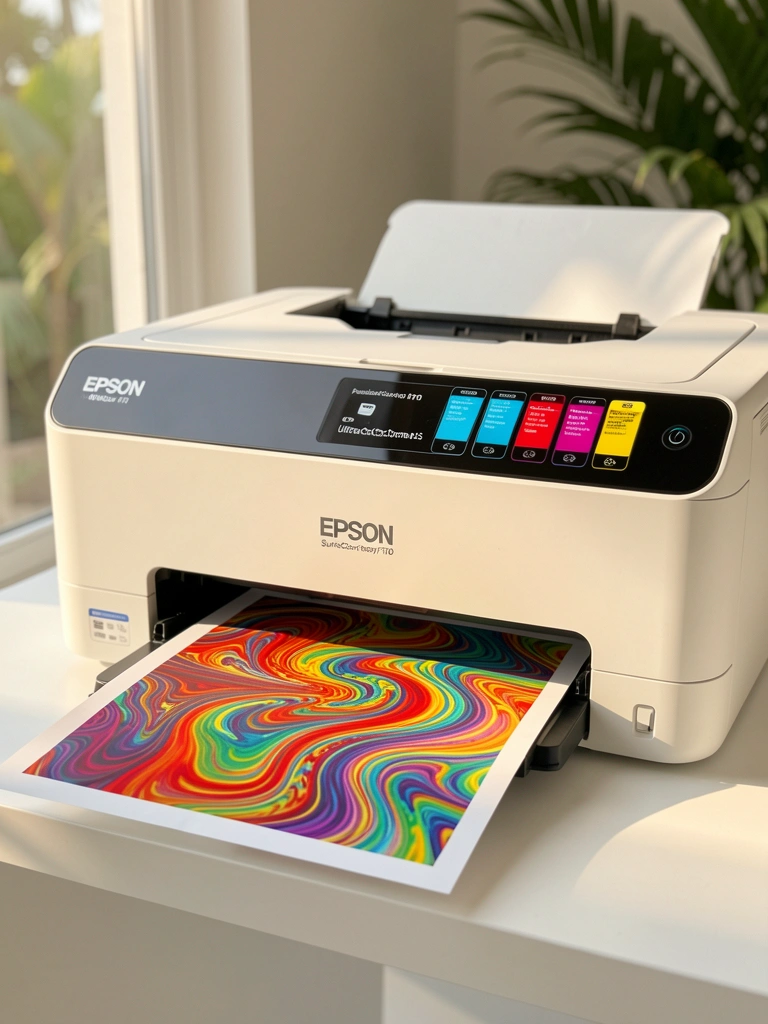 Impressora Epson branca sobre superfície clara, com impressão colorida de padrão arco-íris saindo da bandeja, luz natural suave e fundo desfocado.