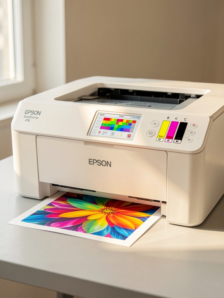 Impressora Epson SureColor F170 branca sobre superfície cinza claro, com cartuchos ciano, magenta, amarelo e preto visíveis e impressão floral parcial sob ela.